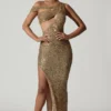 Rochie asimetrică cu decupaje și ornamente Persephone, în culoarea auriu Rochie asimetrică cu decupaje și ornamente Persephone, în culoarea auriu