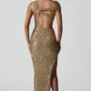 Rochie asimetrică cu decupaje și ornamente Persephone, în culoarea auriu Rochie asimetrică cu decupaje și ornamente Persephone, în culoarea auriu