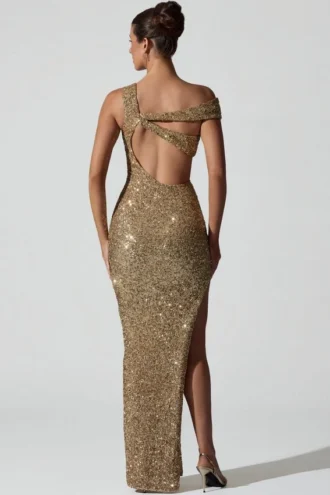 Rochie asimetrică cu decupaje și ornamente Persephone, în culoarea auriu Rochie asimetrică cu decupaje și ornamente Persephone, în culoarea auriu