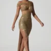 Rochie asimetrică cu decupaje și ornamente Persephone, în culoarea auriu Rochie asimetrică cu decupaje și ornamente Persephone, în culoarea auriu
