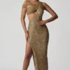 Rochie asimetrică cu decupaje și ornamente Persephone, în culoarea auriu Rochie asimetrică cu decupaje și ornamente Persephone, în culoarea auriu