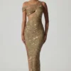 Rochie asimetrică cu decupaje și ornamente Persephone, în culoarea auriu Rochie asimetrică cu decupaje și ornamente Persephone, în culoarea auriu