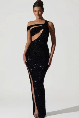 Rochie asimetrică cu decupaje și ornamente Persephone, negru Rochie asimetrică cu decupaje și ornamente Persephone, negru