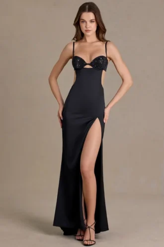 Rochie bralette din satin Fleurine cu ornamente, în negru