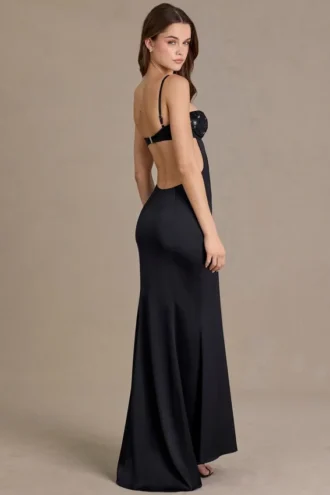 Rochie bralette din satin Fleurine cu ornamente, în negru