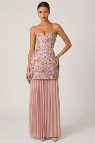 Rochie convertibilă cu dantelă și ornamente Galia, în roz floral