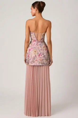 Rochie convertibilă cu dantelă și ornamente Galia, în roz floral