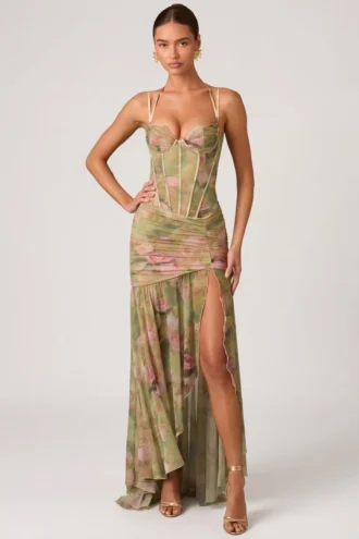Rochie corset asimetrică cu volane Haruna, cu imprimeu floral multicolor