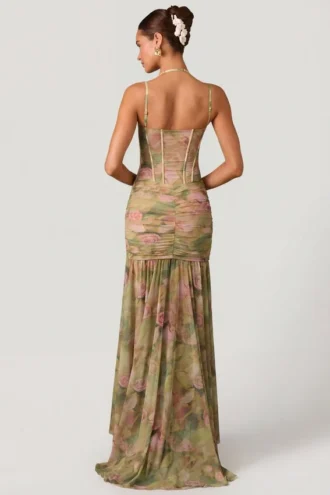 Rochie corset asimetrică cu volane Haruna, cu imprimeu floral multicolor