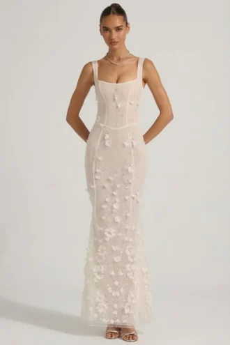 Rochie corset cu decolteu rotund și aplicații decorative Vasanta, albă