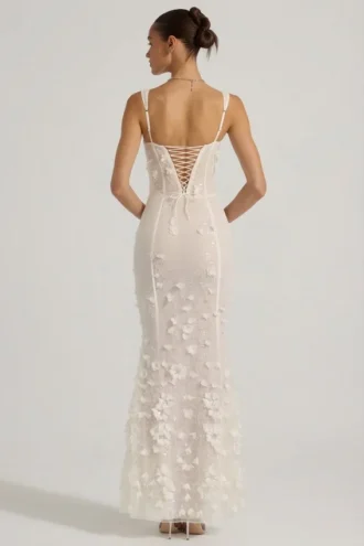 Rochie corset cu decolteu rotund și aplicații decorative Vasanta, albă