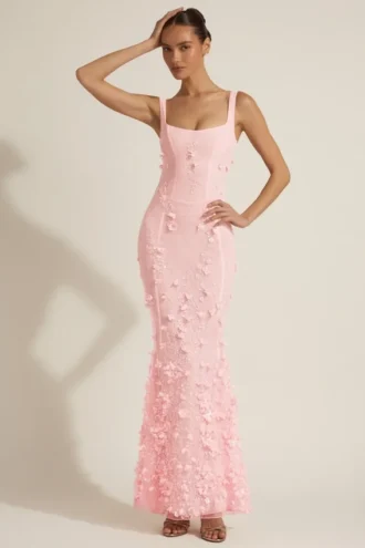 Rochie corset cu decolteu rotund și aplicații decorative Vasanta, în roz
