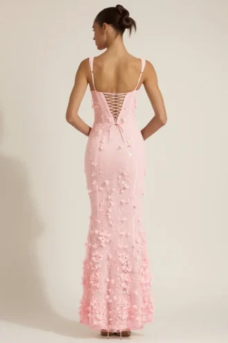 Rochie corset cu decolteu rotund și aplicații decorative Vasanta, în roz