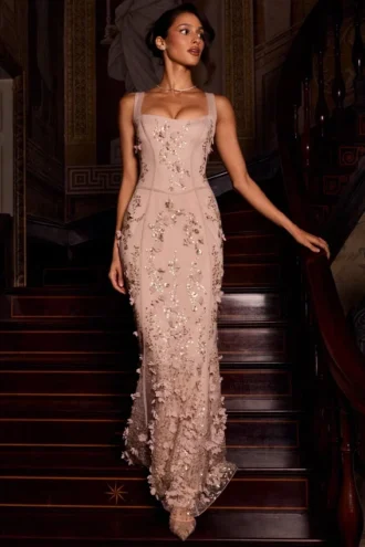 Rochie corset cu decolteu rotund și aplicații ornamentale Vasanta, în culoarea auriu
