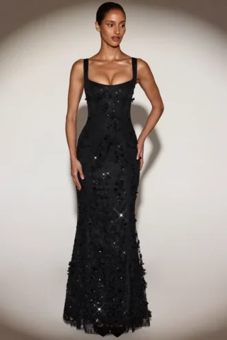 Rochie corset cu decolteu rotund și aplicații ornamentale Vasanta, negru