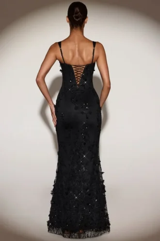 Rochie corset cu decolteu rotund și aplicații ornamentale Vasanta, negru