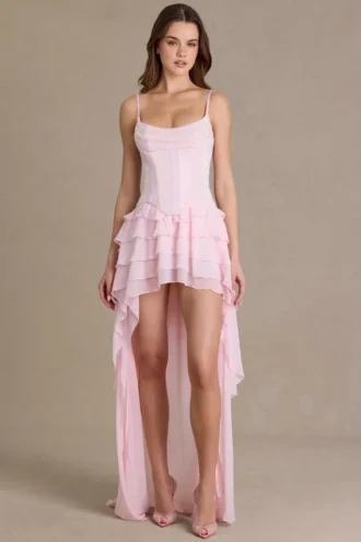 Rochie corset cu guler înalt și ornamente Arlette Premium, în roz pal