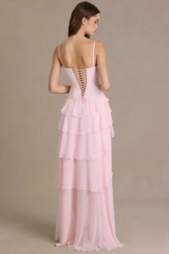 Rochie corset cu guler înalt și ornamente Arlette Premium, în roz pal