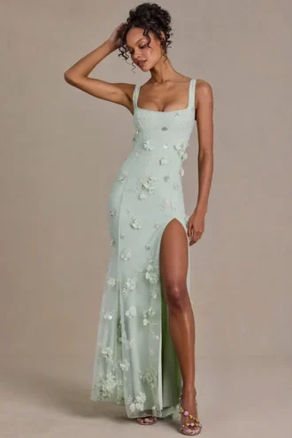 Rochie corset cu ornamente Aurelia în verde salvie
