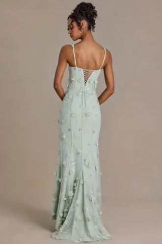 Rochie corset cu ornamente Aurelia în verde salvie