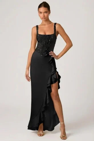 Rochie corset cu volane și ornamente Robina, negru