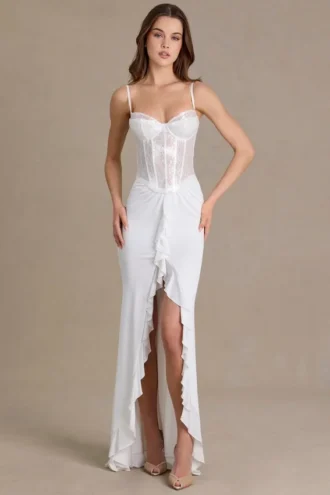 Rochie corset din dantelă cu ornamente Beatrix Premium, albă