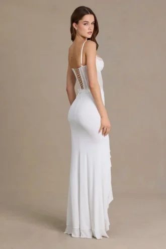 Rochie corset din dantelă cu ornamente Beatrix Premium, albă