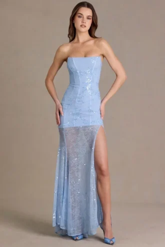 Rochie corset din dantelă decorată Liliane Premium, în albastru cer