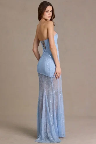 Rochie corset din dantelă decorată Liliane Premium, în albastru cer