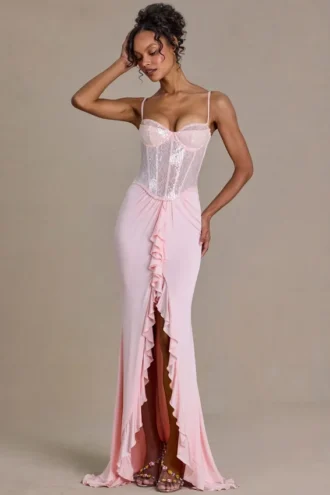 Rochie corset din dantelă împodobită Beatrix Premium, în roz pal