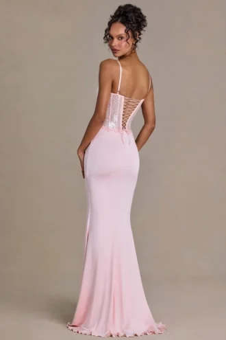 Rochie corset din dantelă împodobită Beatrix Premium, în roz pal