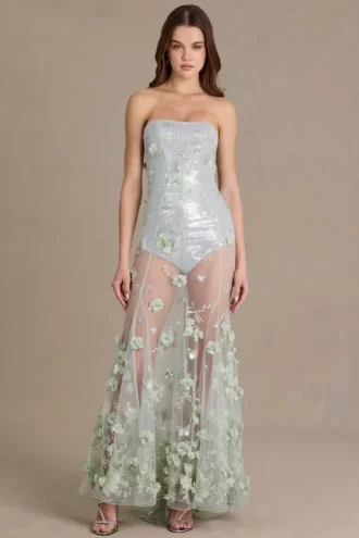 Rochie corset din tul cu ornamente Estella, verde salvie