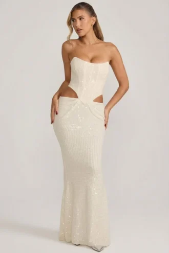 Rochie corset drapată cu decupaje și ornamente Saphira, alb