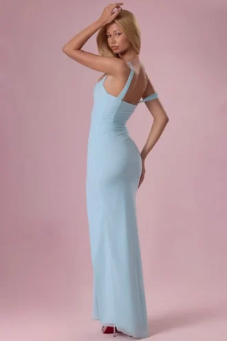 Rochie corset drapată din plasă Naelle, culoare aqua deschis