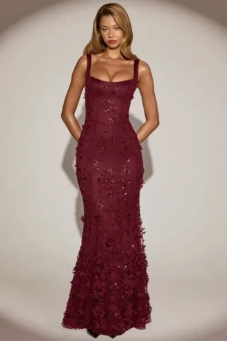 Rochie corset Vasanta cu decolteu rotund și aplicații decorative, în roșu vin