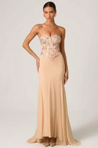 Rochie cu corset și trenă în formă de pește Lysana, decorată cu motive florale, bej