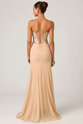Rochie cu corset și trenă în formă de pește Lysana, decorată cu motive florale, bej
