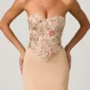 Rochie cu corset și trenă în formă de pește Lysana, decorată cu motive florale, bej