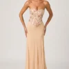 Rochie cu corset și trenă în formă de pește Lysana, decorată cu motive florale, bej