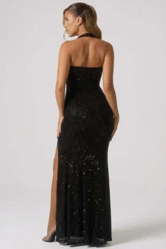 Rochie cu guler halter și ornamente Sansel, negru