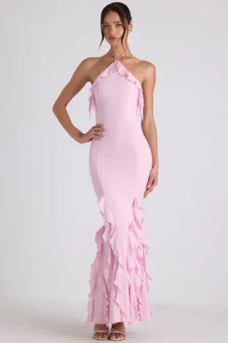 Rochie cu guler halter și volane Mireya, în roz pal