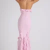 Rochie cu guler halter și volane Mireya, în roz pal Rochie cu guler halter și volane Mireya, în roz pal