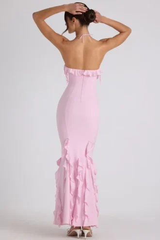 Rochie cu guler halter și volane Mireya, în roz pal