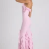Rochie cu guler halter și volane Mireya, în roz pal Rochie cu guler halter și volane Mireya, în roz pal
