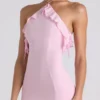 Rochie cu guler halter și volane Mireya, în roz pal Rochie cu guler halter și volane Mireya, în roz pal