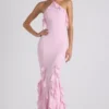 Rochie cu guler halter și volane Mireya, în roz pal Rochie cu guler halter și volane Mireya, în roz pal