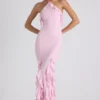 Rochie cu guler halter și volane Mireya, în roz pal Rochie cu guler halter și volane Mireya, în roz pal