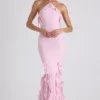 Rochie cu guler halter și volane Mireya, în roz pal Rochie cu guler halter și volane Mireya, în roz pal