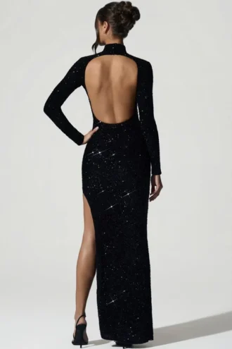 Rochie cu spate decupat și ornamente Leonie, negru