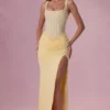Rochie de domnișoară de onoare Rosina din plasă drapată, în culoarea galben unt Rochie de domnișoară de onoare Rosina din plasă drapată, în culoarea galben unt